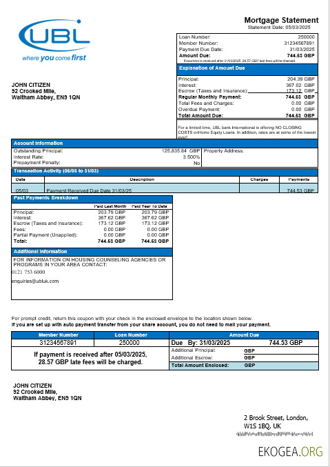 Royaume , Uni Relevé d'hypothèque bancaire de United Bank Ltd (UBL) aux formats Word et PDF
